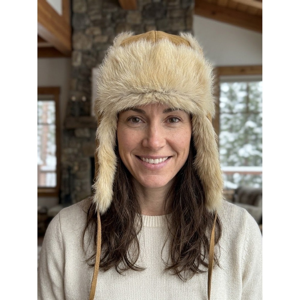 Banana Republic VTG Italian Shearling Trapper Winter Hat Tan Suede Y2K Aviator